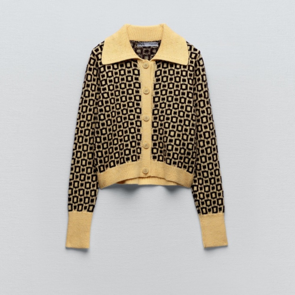 Zara Geometric Jacquard Wool Knit Cardigan Sweater